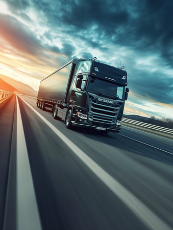 A large semi truck is driving down a road with a beautiful sunset in the background. The sky is filled with clouds, creating a moody atmosphere. The truck is the main focus of the imageの素材