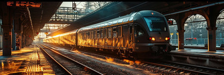 A train is moving down the tracks with the lights on. The train is yellow and blueの素材
