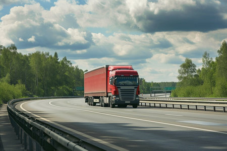 A large semi truck is driving down a road with a beautiful sunset in the background. The sky is filled with clouds, creating a moody atmosphere. The truck is the main focus of the imageの素材