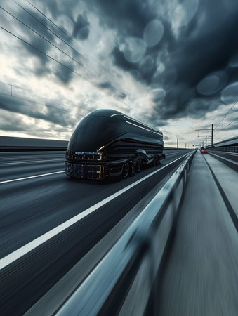 A large semi truck is driving down a road with a beautiful sunset in the background. The sky is filled with clouds, creating a moody atmosphere. The truck is the main focus of the imageの素材