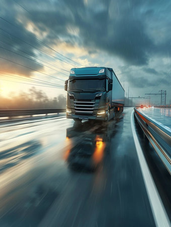 A large semi truck is driving down a road with a beautiful sunset in the background. The sky is filled with clouds, creating a moody atmosphere. The truck is the main focus of the imageの素材