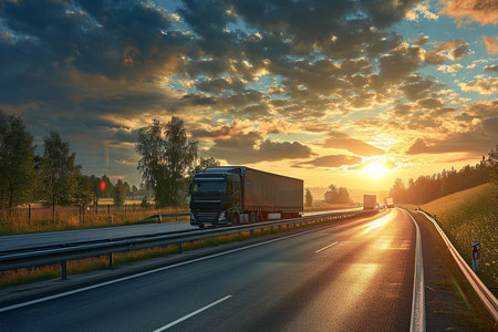 A large semi truck is driving down a road with a beautiful sunset in the background. The sky is filled with clouds, creating a moody atmosphere. The truck is the main focus of the imageの素材