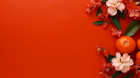 A red background with orange flowers and oranges. The oranges are arranged in a way that they look like they are floating in the air. The flowers are scattered around the orangesの素材