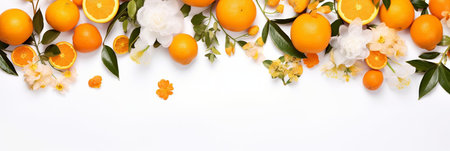 A white background with a row of oranges and white flowersの素材