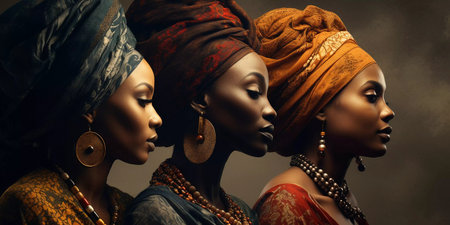Three women wearing colorful head scarves stand in a row. The women are dressed in traditional African clothing and are wearing gold and silver jewelry. Concept of cultural prideの素材