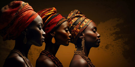 Three women wearing colorful head scarves stand in a row. The women are dressed in traditional African clothing and are wearing gold and silver jewelry. Concept of cultural prideの素材