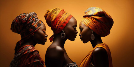 Three women wearing colorful head scarves stand in a row. The women are dressed in traditional African clothing and are wearing gold and silver jewelry. Concept of cultural prideの素材