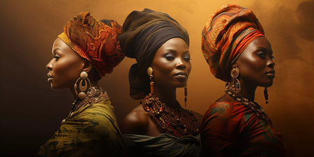 Three women wearing colorful head scarves stand in a row. The women are dressed in traditional African clothing and are wearing gold and silver jewelry. Concept of cultural prideの素材