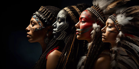 Four women wearing Indian headdresses and face paint stand side by side. The women are dressed in traditional Indian clothing and have their faces painted with tribal designsの素材