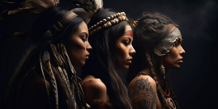 Three women wearing Indian headdresses and face paint stand side by side. The women are dressed in traditional Indian clothing and have their faces painted with tribal designsの素材