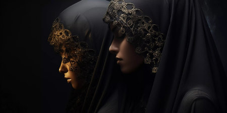 Three women wearing black veils stand in a row. The women are dressed in traditional Islamic clothingの素材
