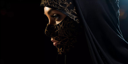 A woman wearing a black head scarf with gold embroidery. She has dark hair and is wearing makeupの素材