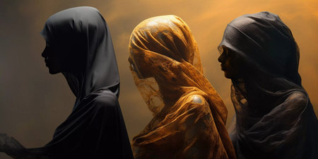 Three women wearing black veils stand in a row. The women are dressed in traditional Islamic clothingの素材