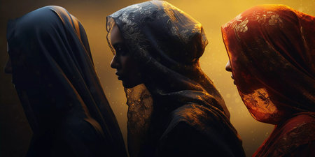 Three women wearing black veils stand in a row. The women are dressed in traditional Islamic clothingの素材