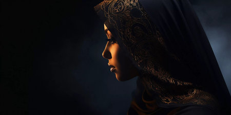 A woman wearing a black head scarf with gold embroidery. She has dark hair and is wearing makeupの素材