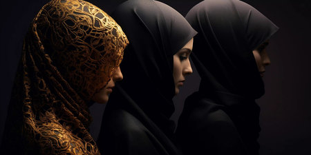 Three women wearing black veils stand in a row. The women are dressed in traditional Islamic clothingの素材