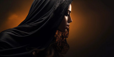 A woman wearing a black head scarf with gold embroidery. She has dark hair and is wearing makeupの素材