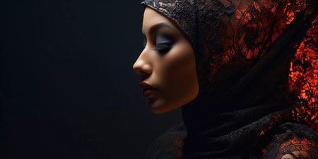 A woman wearing a black head scarf with gold embroidery. She has dark hair and is wearing makeupの素材