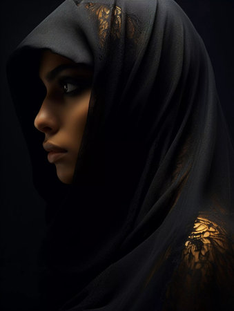 A woman wearing a black head scarf with gold embroidery. She has dark hair and is wearing makeupの素材