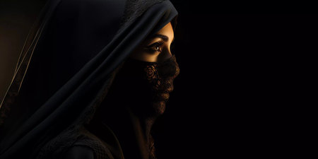 A woman wearing a black head scarf with gold embroidery. She has dark hair and is wearing makeupの素材