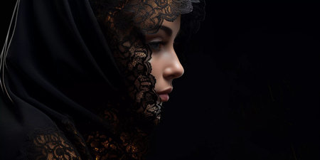 A woman wearing a black head scarf with gold embroidery. She has dark hair and is wearing makeupの素材