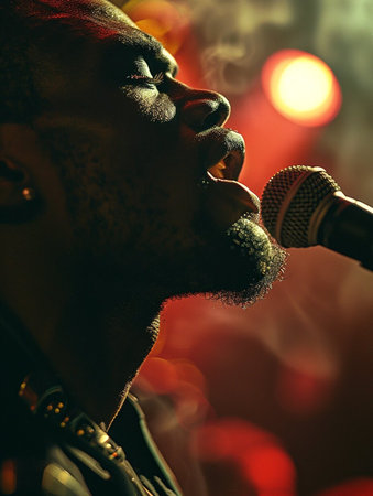 A woman is singing into a microphone with smoke coming out of her mouth. Concept of passion and intensity as the woman performsの素材