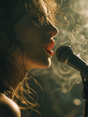 A woman is singing into a microphone with smoke coming out of her mouth. Concept of passion and intensity as the woman performsの素材