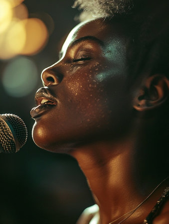 A woman is singing into a microphone with smoke coming out of her mouth. Concept of passion and intensity as the woman performsの素材