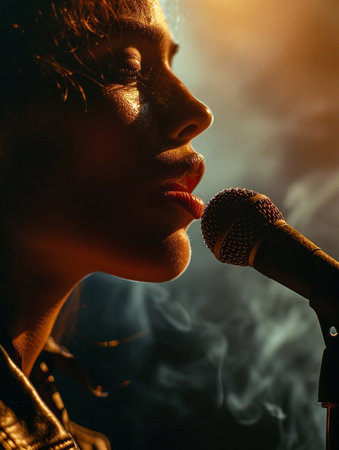 A woman is singing into a microphone with smoke coming out of her mouth. Concept of passion and intensity as the woman performsの素材