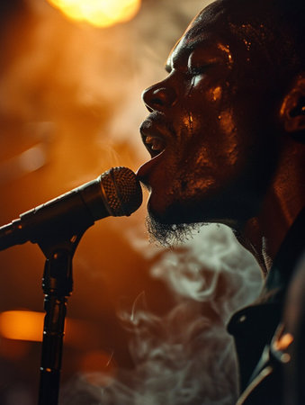 A woman is singing into a microphone with smoke coming out of her mouth. Concept of passion and intensity as the woman performsの素材