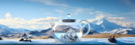 A teapot with a mountain on it sits on a table with a vase of flowersの素材