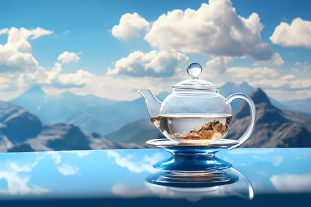 A teapot with a mountain on it sits on a table with a vase of flowersの素材