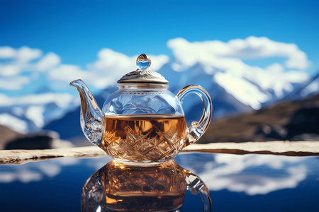 A teapot with a mountain on it sits on a table with a vase of flowersの素材