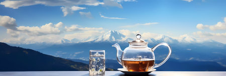 A teapot with a mountain on it sits on a table with a vase of flowersの素材
