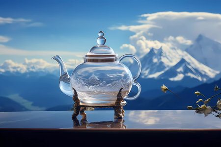 A teapot with a mountain on it sits on a table with a vase of flowersの素材