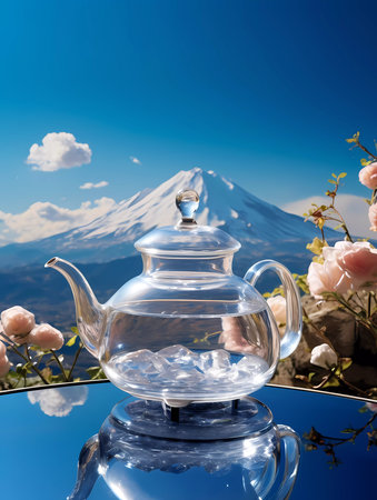 A teapot with a mountain on it sits on a table with a vase of flowersの素材