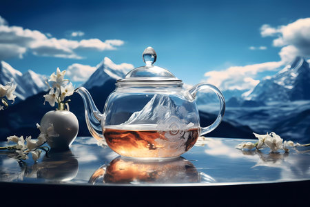 A teapot with a mountain on it sits on a table with a vase of flowersの素材