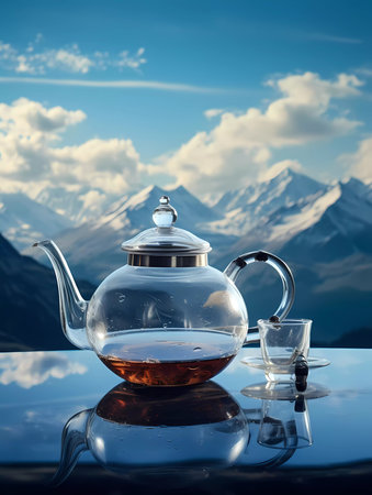 A teapot with a mountain on it sits on a table with a vase of flowersの素材