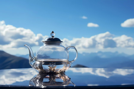 A teapot with a mountain on it sits on a table with a vase of flowersの素材