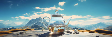 A teapot with a mountain on it sits on a table with a vase of flowersの素材