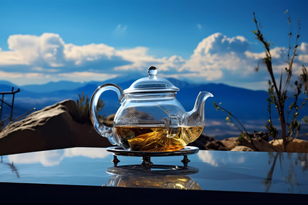 A teapot with a mountain on it sits on a table with a vase of flowersの素材