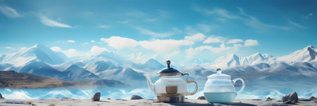 A teapot with a mountain on it sits on a table with a vase of flowersの素材