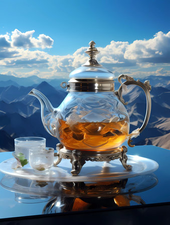 A teapot with a mountain on it sits on a table with a vase of flowersの素材