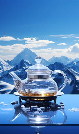 A teapot with a mountain on it sits on a table with a vase of flowersの素材