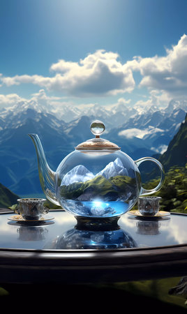 A teapot with a mountain on it sits on a table with a vase of flowersの素材