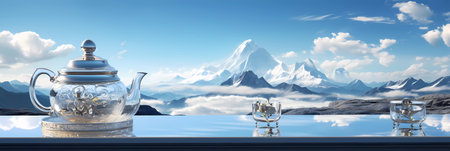 A teapot with a mountain on it sits on a table with a vase of flowersの素材