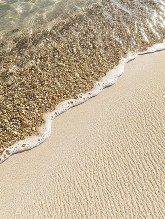 The ocean is calm and the water is blue. The sand is brown and the waves are smallの素材