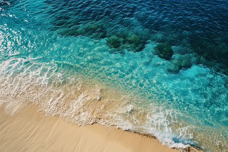 The ocean is calm and the water is blue. The sand is brown and the waves are smallの素材