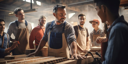A group of men and a woman are standing around a table in a workshop. The man in the center is smiling and talking to the group. Scene is friendly and socialの素材
