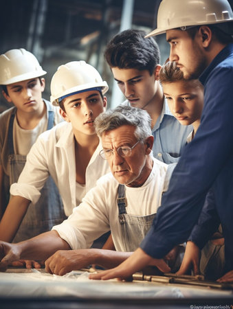 A group of men and a woman are standing around a table in a workshop. The man in the center is smiling and talking to the group. Scene is friendly and socialの素材